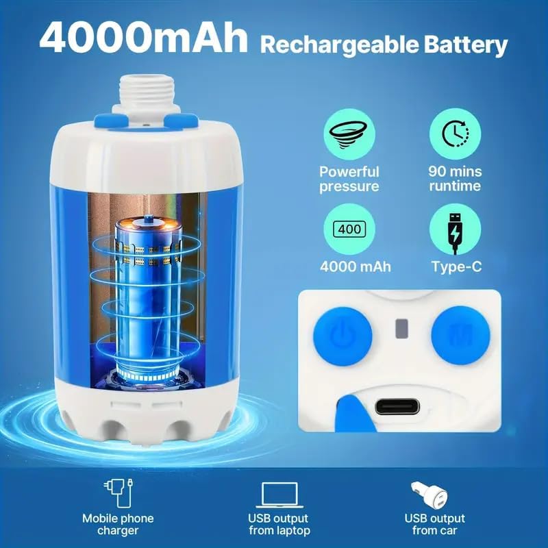HDView Portable Camping Shower Pump, Rechargeable Outdoor Shower Head Sprayer, Pumps Water from Bucket. For Camping, Hiking, Travel, Pet Cleaning, Car Washing - Image 3